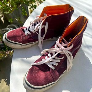 Maroon and safety orange zip up Vans Sk8-Hi